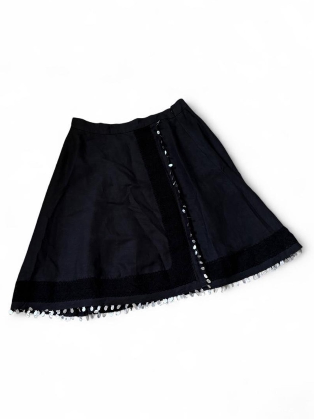 WD NY Black Linen Whimsigoth Midi Skirt Crochet Lace Sequin Trim Size 14 